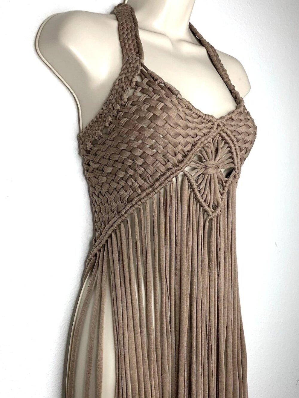 Y2K FRINGE CROCHET Knit HALTER TOP M/L Hippie Festival Boho Grunge Cottagecore